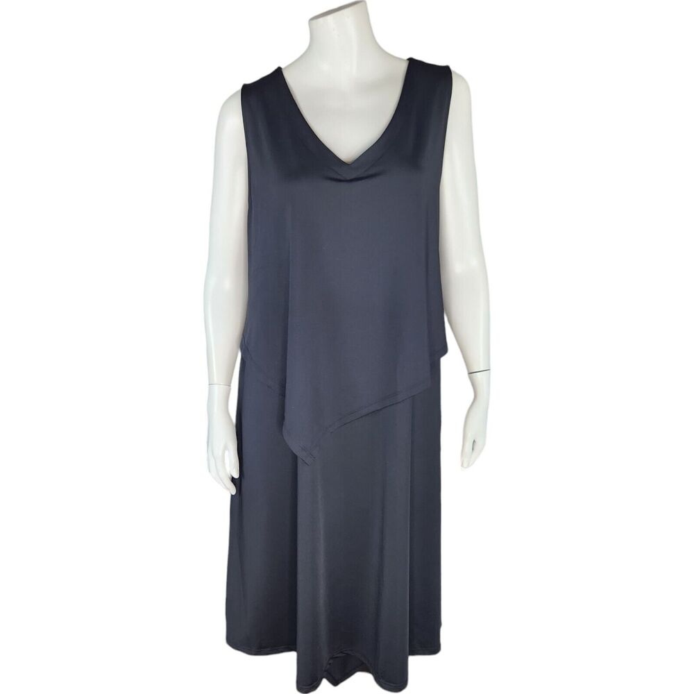 Cuddl Duds Silky Tank Dress Asymmetrical Overlay Womens Small Black Midi NWOT‎